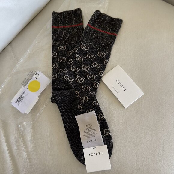 NWT GUCCI SOCKS Black GG LOGO Wool Sz M Web - Picture 3 of 6